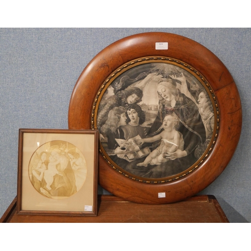 324 - After Sandro Botticelli, Madonna of the Magnificat, an engraving, in a circular mahogany and parcel ... 