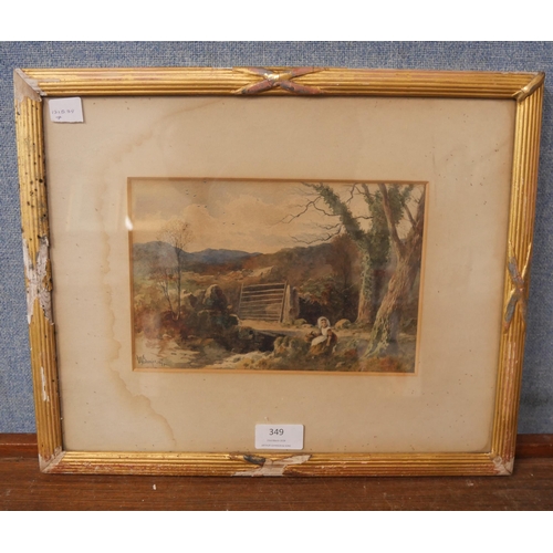 349 - W. Banker, landscape with a young girl by a river, watercolour, dated 1877, framed