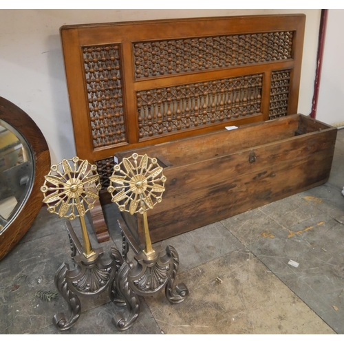 394 - A pair of Victorian Aesthetic Movement andirons, a Moorish beech table screen and a wooden box