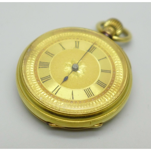 935 - An 18ct gold fob watch, hallmarked Chester 1893, inner case also marked 18ct, total weight 51.3g, 36... 