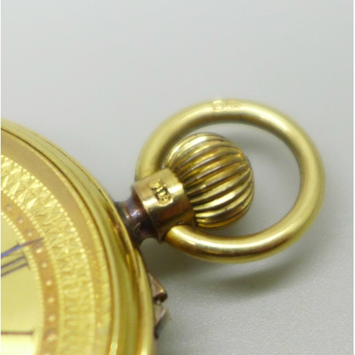 935 - An 18ct gold fob watch, hallmarked Chester 1893, inner case also marked 18ct, total weight 51.3g, 36... 