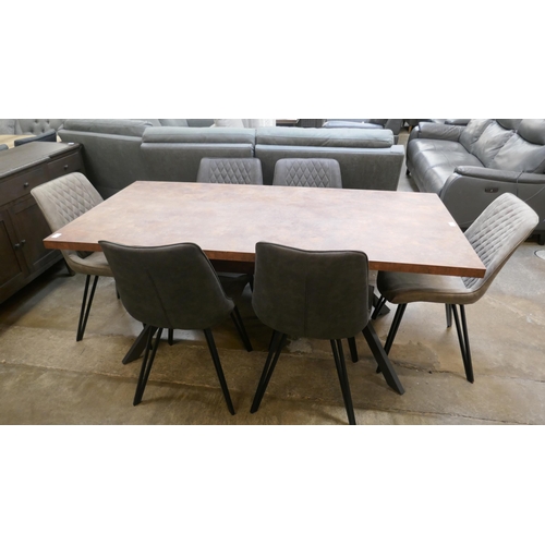 A copper HPL 1.8m dining table and six Finwick chairs