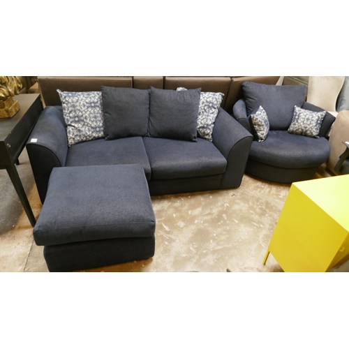 1442 - A blue upholstered three seater sofa, swivel armchair and footstool