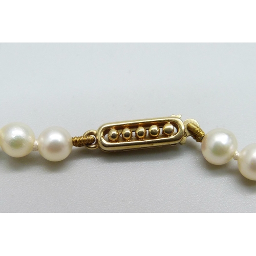 1012 - A pearl necklace with a 9ct gold clasp, 37cm