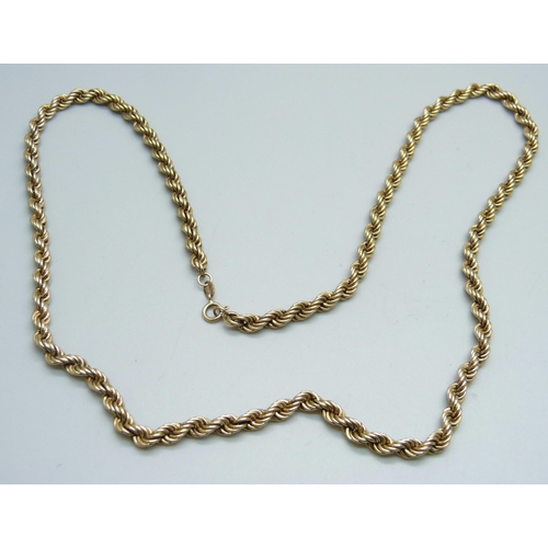 1014 - A 9ct gold rope chain, 13g, 62cm