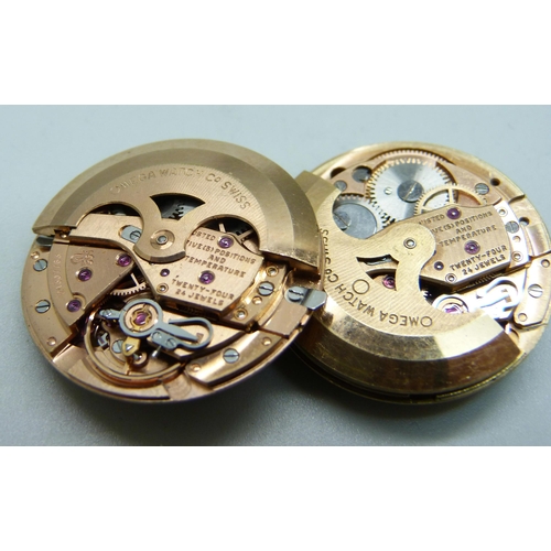 1037 - Two Omega automatic wristwatch movements, both 24 jewels, (missing dials)