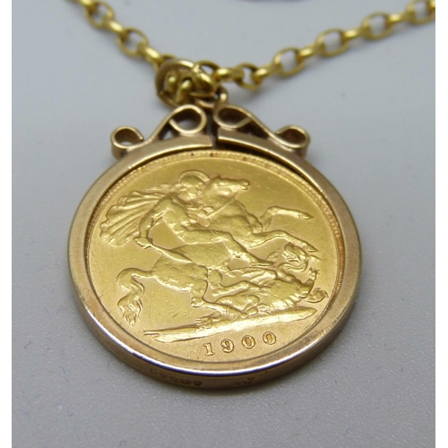 1045 - A Queen Victoria 1900 half sovereign, in a 9ct gold mount and on a 9ct gold chain, 6.6g total weight