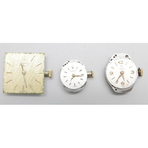 1089 - Three lady's wristwatch movements; International Watch Co., Tudor by Rolex and Longines