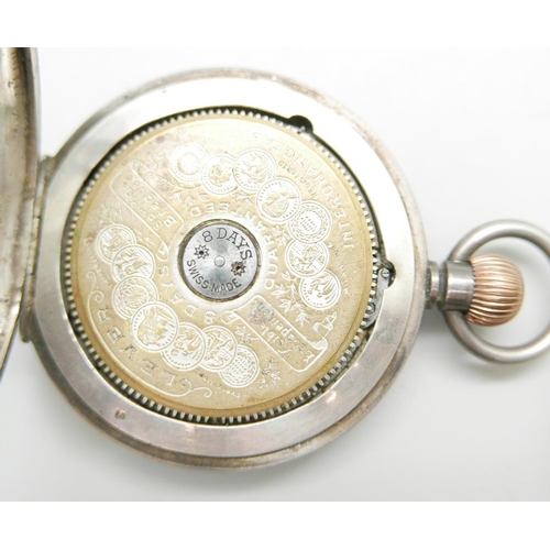 1090 - A silver cased Hebdomas 8 Days full-hunter pocket watch, (lacking inner bezel)