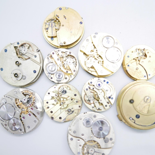 1109 - Ten pocket and fob watch movements including hunter and demi-hunter