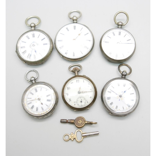 1116 - Six ladies Swiss engraved silver fob watches Circa 1910; two winding keys.