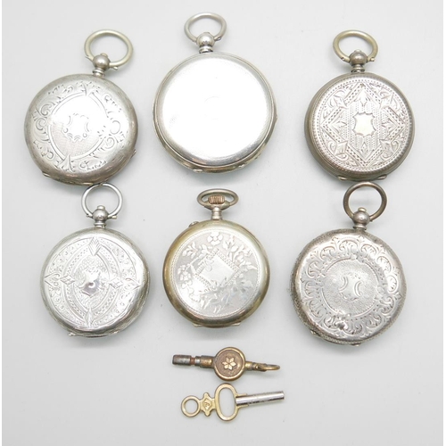 1116 - Six ladies Swiss engraved silver fob watches Circa 1910; two winding keys.