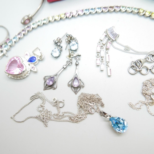 1124 - A collection of silver jewellery, silver multi gemstone tennis bracelet, amethyst and silver drop ea... 