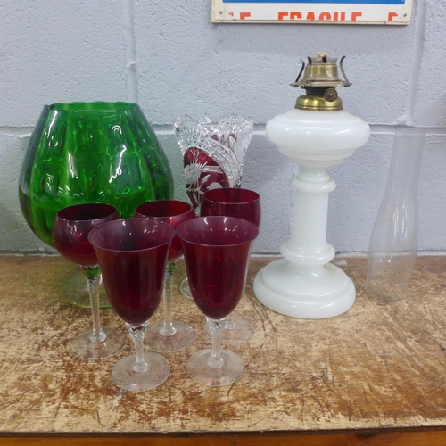 1128 - A vintage Hofbauer Bryrds crystal vase, ruby red, Cranberry and clear tulip wine glasses, a Mid Cent... 