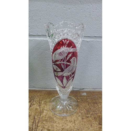 1128 - A vintage Hofbauer Bryrds crystal vase, ruby red, Cranberry and clear tulip wine glasses, a Mid Cent... 