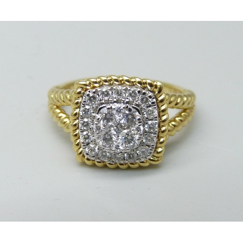 1001 - An 18ct gold and diamond cluster ring, 0.5ct weight marked in the shank, 5g, M