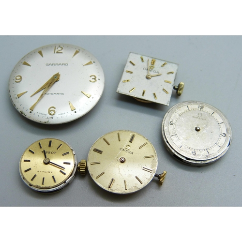 1036 - Five wristwatch movements; Garrard automatic, 3x Omega and Tissot