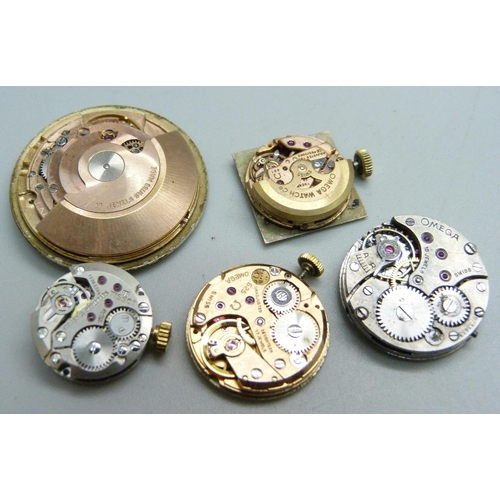 1036 - Five wristwatch movements; Garrard automatic, 3x Omega and Tissot