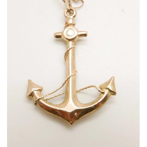 1075 - A 9ct gold anchor pendant on a 9ct gold chain, 5.2g, chain 51cm