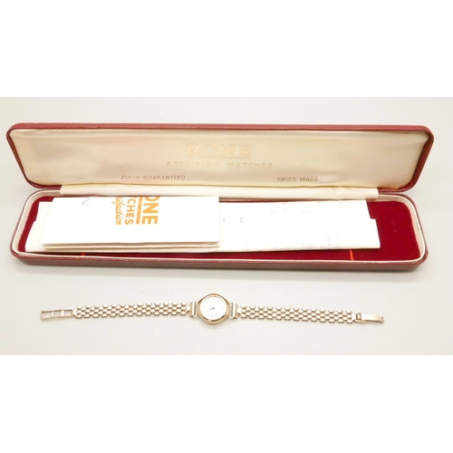 1076 - A lady's 9ct gold Rone wristwatch, on a later 9ct gold strap, with box and receipt, total weight wit... 