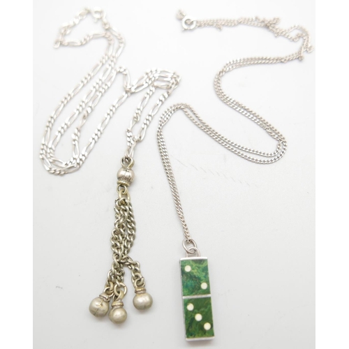 1081 - Two silver chains, a silver domino pendant and one other pendant