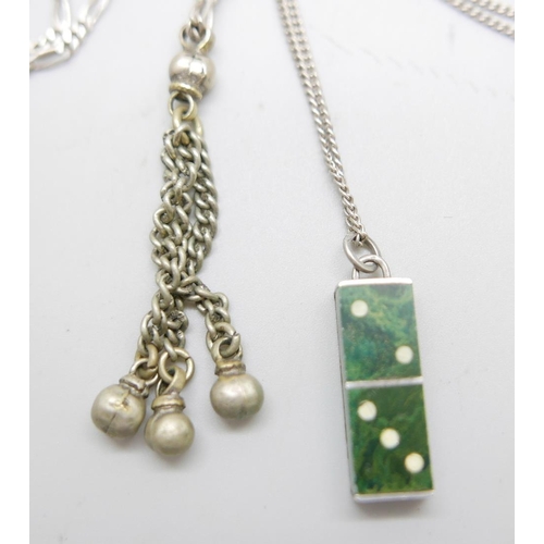 1081 - Two silver chains, a silver domino pendant and one other pendant