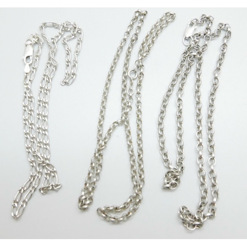 1088 - Three silver neck chains, 27g, each 50cm