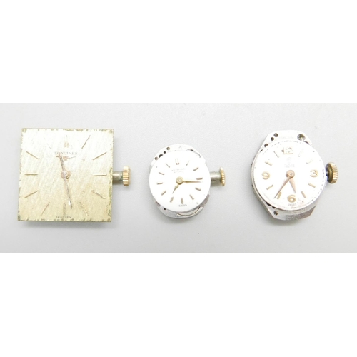 1089 - Three lady's wristwatch movements; International Watch Co., Tudor by Rolex and Longines