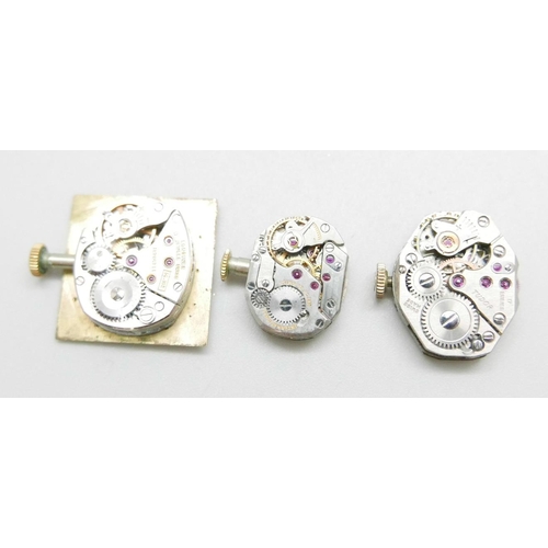 1089 - Three lady's wristwatch movements; International Watch Co., Tudor by Rolex and Longines