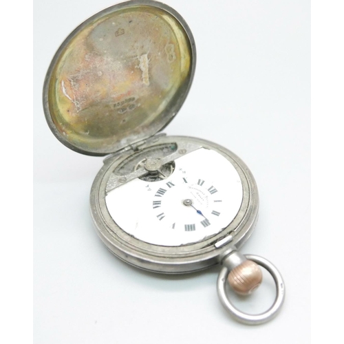 1090 - A silver cased Hebdomas 8 Days full-hunter pocket watch, (lacking inner bezel)