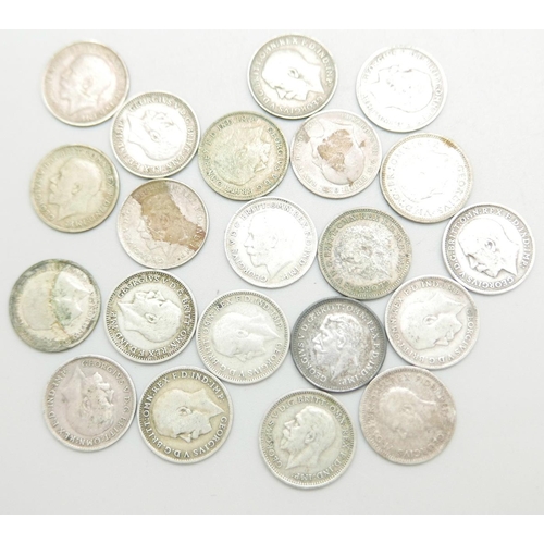 1092 - A collection of silver 3d coins, 29gm