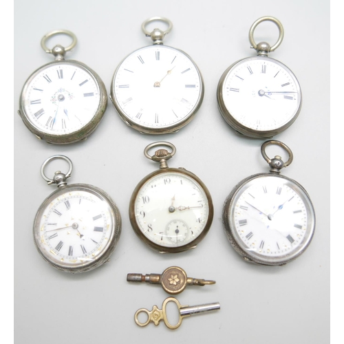 1116 - Six ladies Swiss engraved silver fob watches Circa 1910; two winding keys.