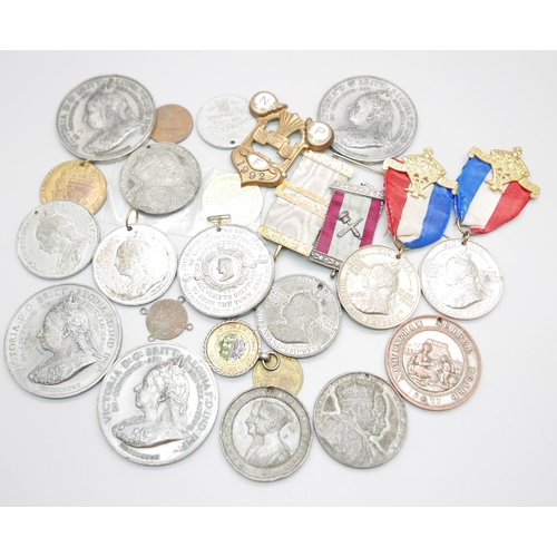 1117 - A quantity of Coronation and other badges and medallions, Queen Victoria medal ribbon to commemorate... 