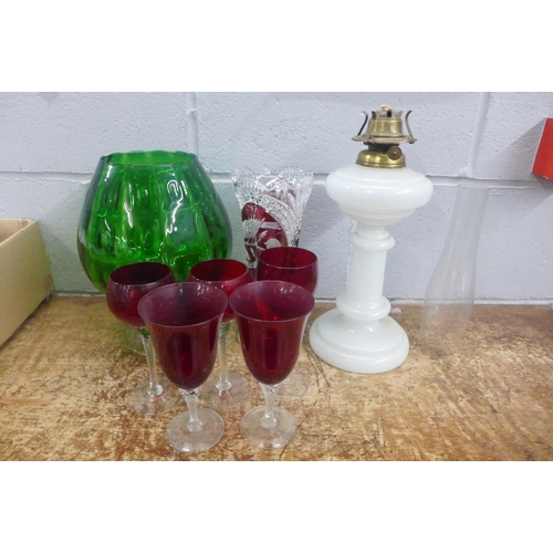 1128 - A vintage Hofbauer Bryrds crystal vase, ruby red, Cranberry and clear tulip wine glasses, a Mid Cent... 