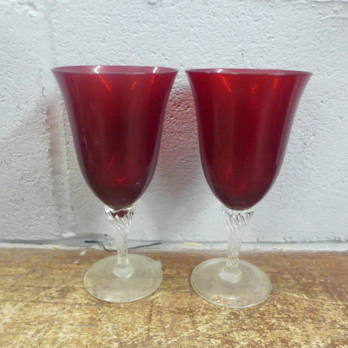 1128 - A vintage Hofbauer Bryrds crystal vase, ruby red, Cranberry and clear tulip wine glasses, a Mid Cent... 