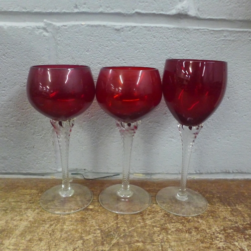 1128 - A vintage Hofbauer Bryrds crystal vase, ruby red, Cranberry and clear tulip wine glasses, a Mid Cent... 