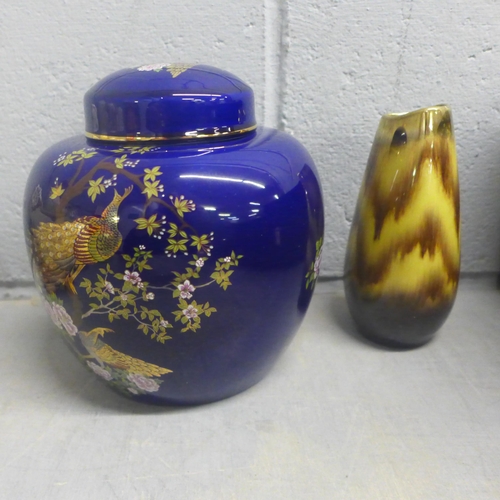 1141 - A box of mixed china, Old Foley Royal Blue ginger jar, pierced basket, one other ginger jar, vases a... 