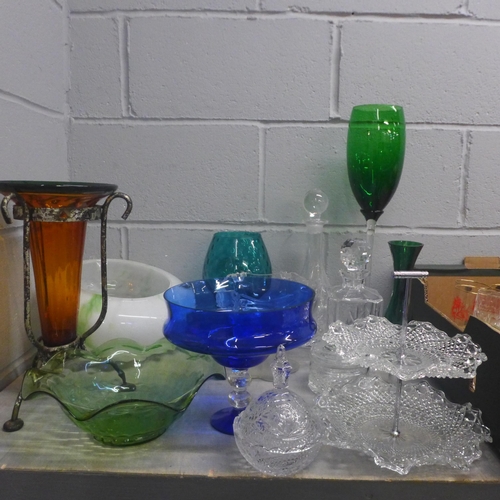 1145 - Two boxes of coloured and plain glass, including light shade, pedestal bowl, two crystal decanters, ... 