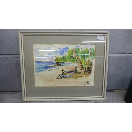 1151 - A pen and ink watercolour of a beach scene. A pair of Sylvester Stannard rural landscapes prints. A ... 