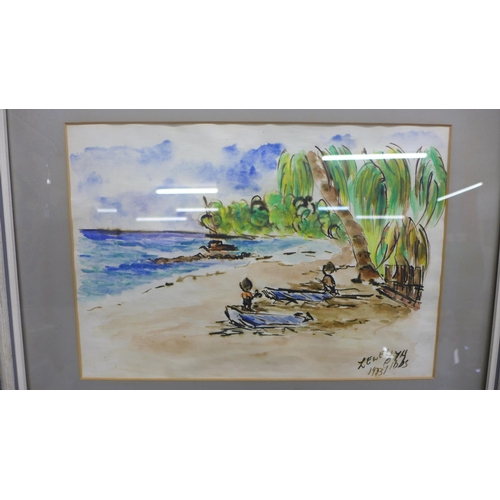 1151 - A pen and ink watercolour of a beach scene. A pair of Sylvester Stannard rural landscapes prints. A ... 