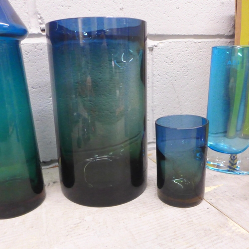 1152 - Two Polish LSA glass vases, a cylindrical glass vase and other coloured glass (10) **PLEASE NOTE THI... 