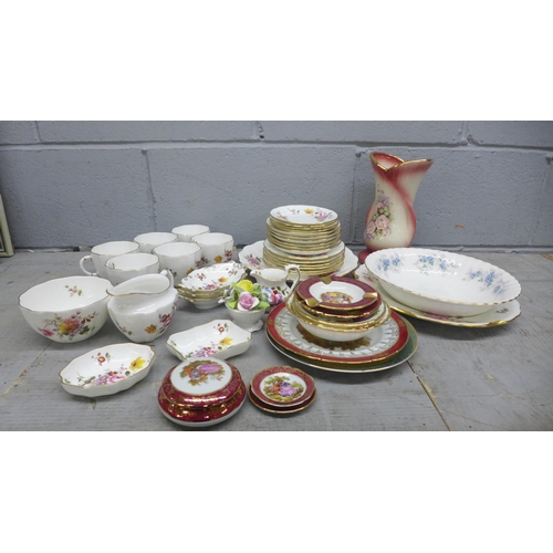 1154 - Royal Crown Derby, Derby Posies, six saucers, cups, milk jug and creamers, five dressing table pin d... 