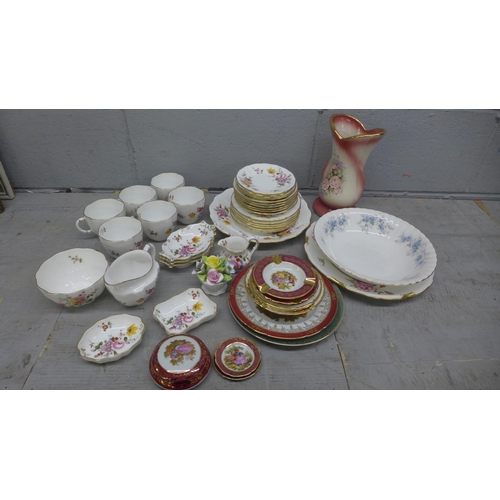 1154 - Royal Crown Derby, Derby Posies, six saucers, cups, milk jug and creamers, five dressing table pin d... 