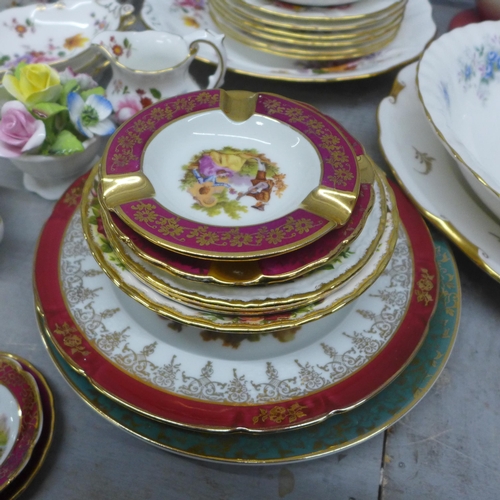 1154 - Royal Crown Derby, Derby Posies, six saucers, cups, milk jug and creamers, five dressing table pin d... 