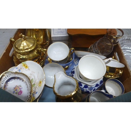 1158 - Mixed China and glass including, green glass pudding set, Wedgwood, Jasperware cup and saucer, Booth... 