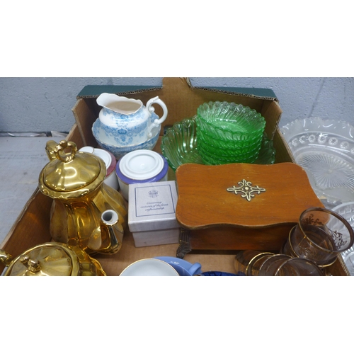 1158 - Mixed China and glass including, green glass pudding set, Wedgwood, Jasperware cup and saucer, Booth... 