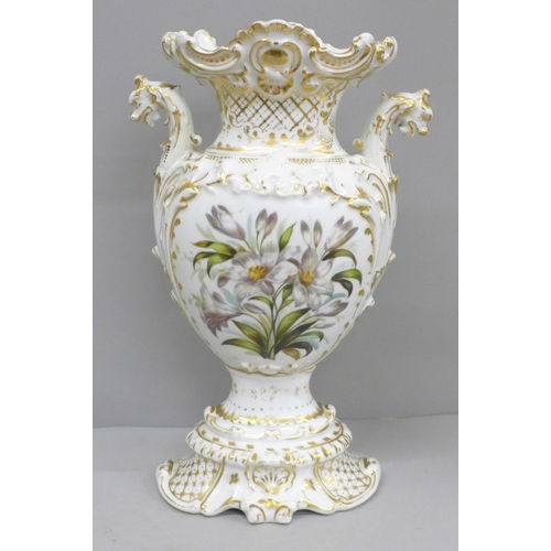 605 - A hand painted Baroque vase, circa 1850, one side with portrait of Prince Albert and a floral bouque... 