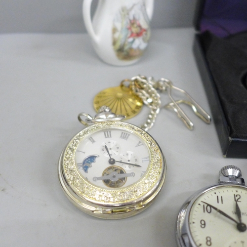 606 - Five pocket watches, a small clock with abolone detail and a small Wedgwood Old Mrs Rabbit tea pot
