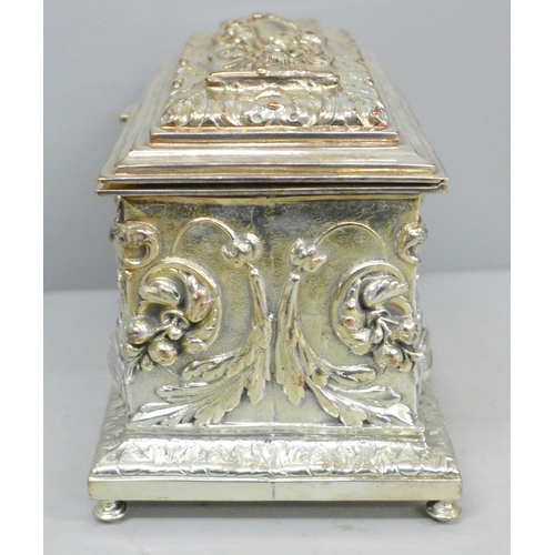 611 - A Sheffield plate on copper jewellery casket, 16cm x 9.5cm