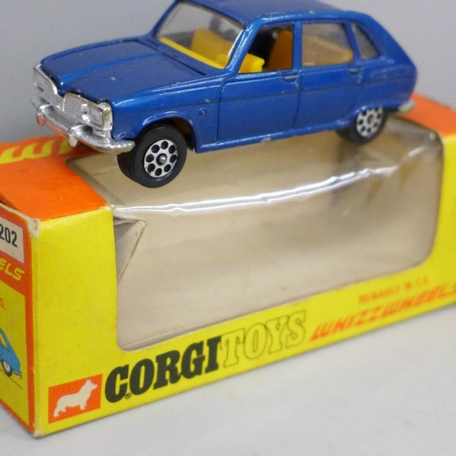 645 - Two Corgi die-cast model cars, Renault 16 T.S and Porsche 917, boxed and a die-cast model train by B... 